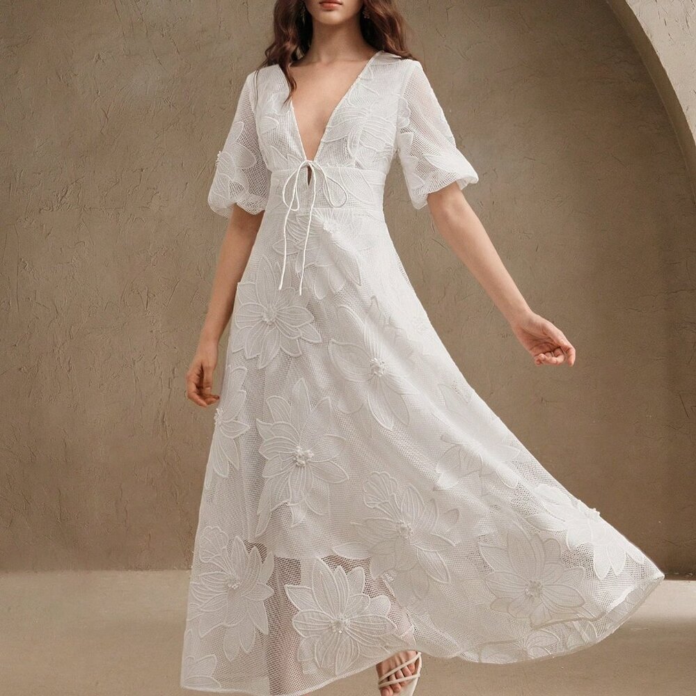 White Elegant Women's Floral Embellished Mid-Sleeve Midi Dress - Picture 1 of 6